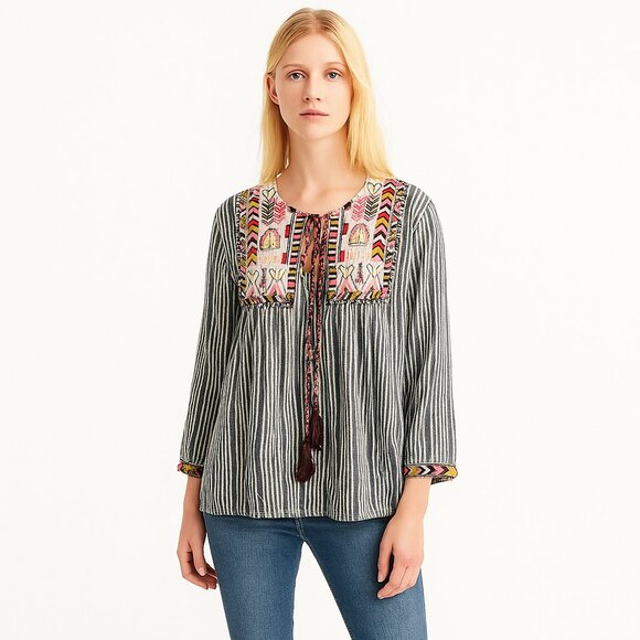 2/$30 Miami Embroidered Striped Boho Open Tassel Top Navy w/ Ecru #A0227 TRB2 - Picture 1 of 8